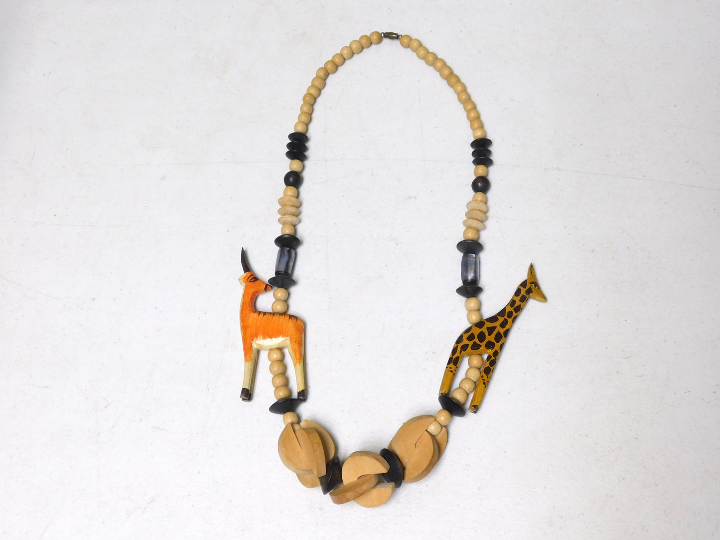 Vintage Wooden African Animal Safari Necklace Giraffe and Antelope