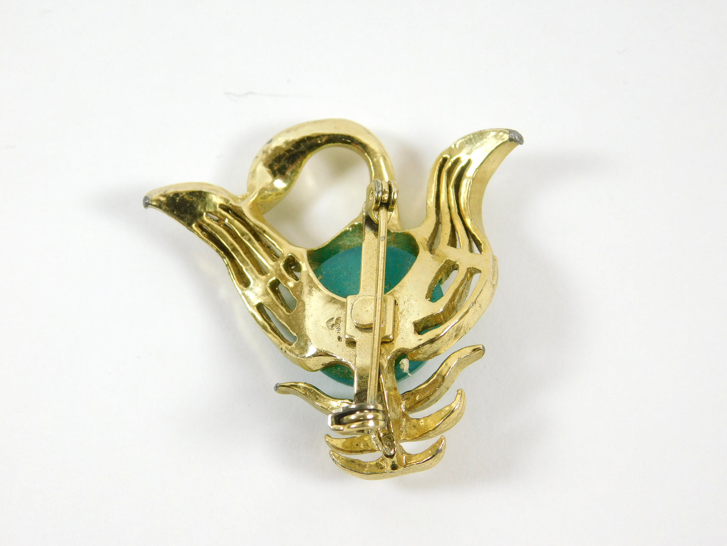 Vintage Gold Tone Jelly Belly Teal Swan Bird Brooch Pin w/ Green Rhinestone Eye