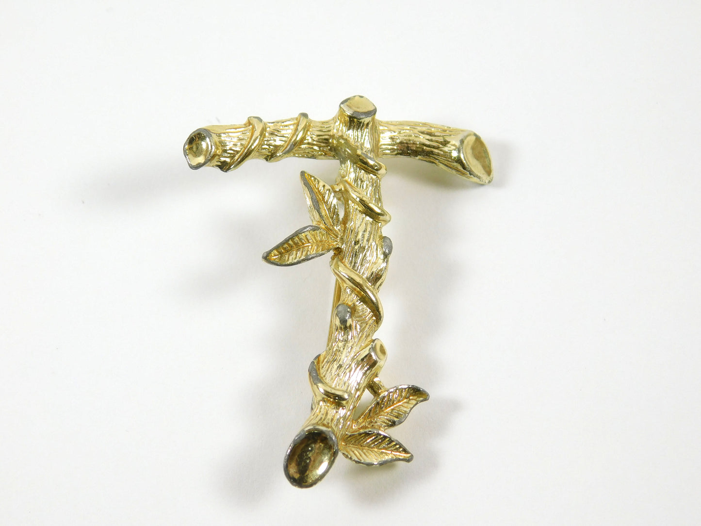 Vintage Sarah Coventry Gold Tone Bamboo Branch "T" Shaped Lapel Pin Brooch