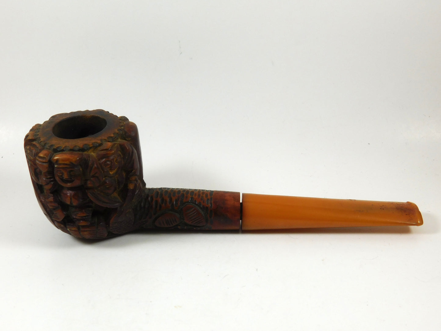 Vintage Hand Carved Wooden Tobacco Smoking Pipe with Faces