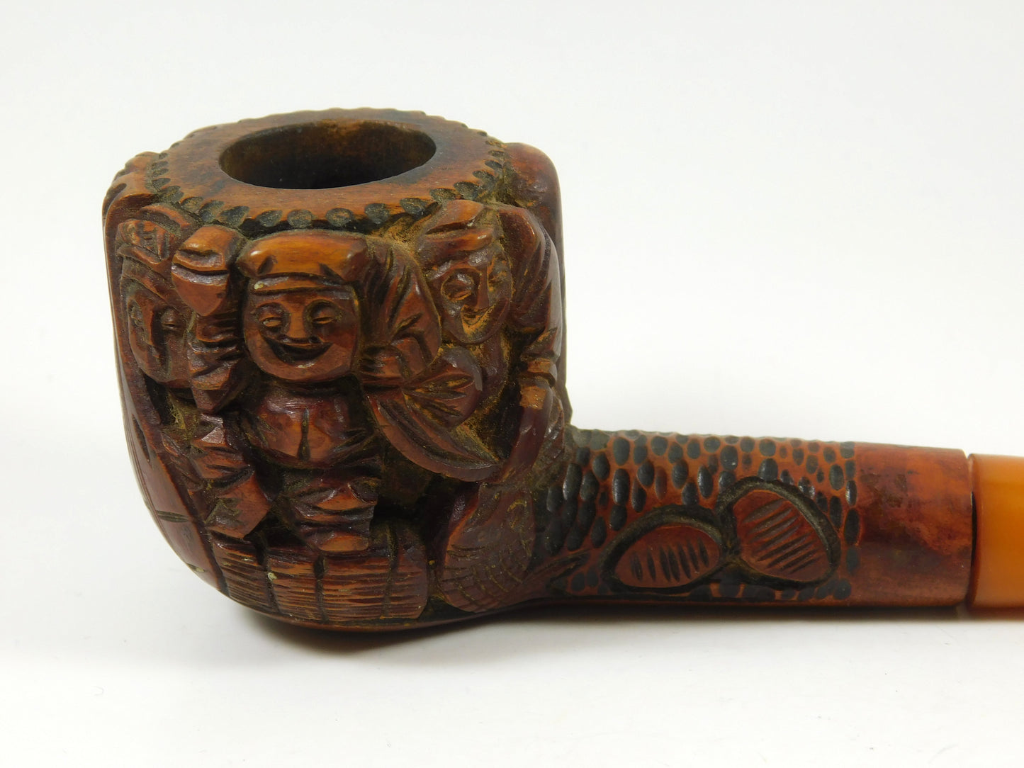 Vintage Hand Carved Wooden Tobacco Smoking Pipe with Faces