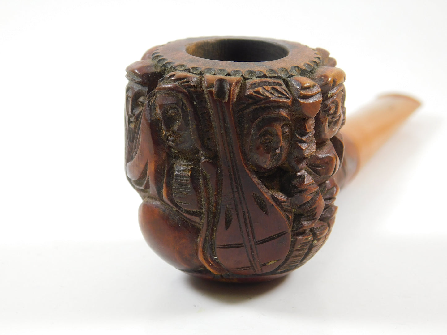 Vintage Hand Carved Wooden Tobacco Smoking Pipe with Faces
