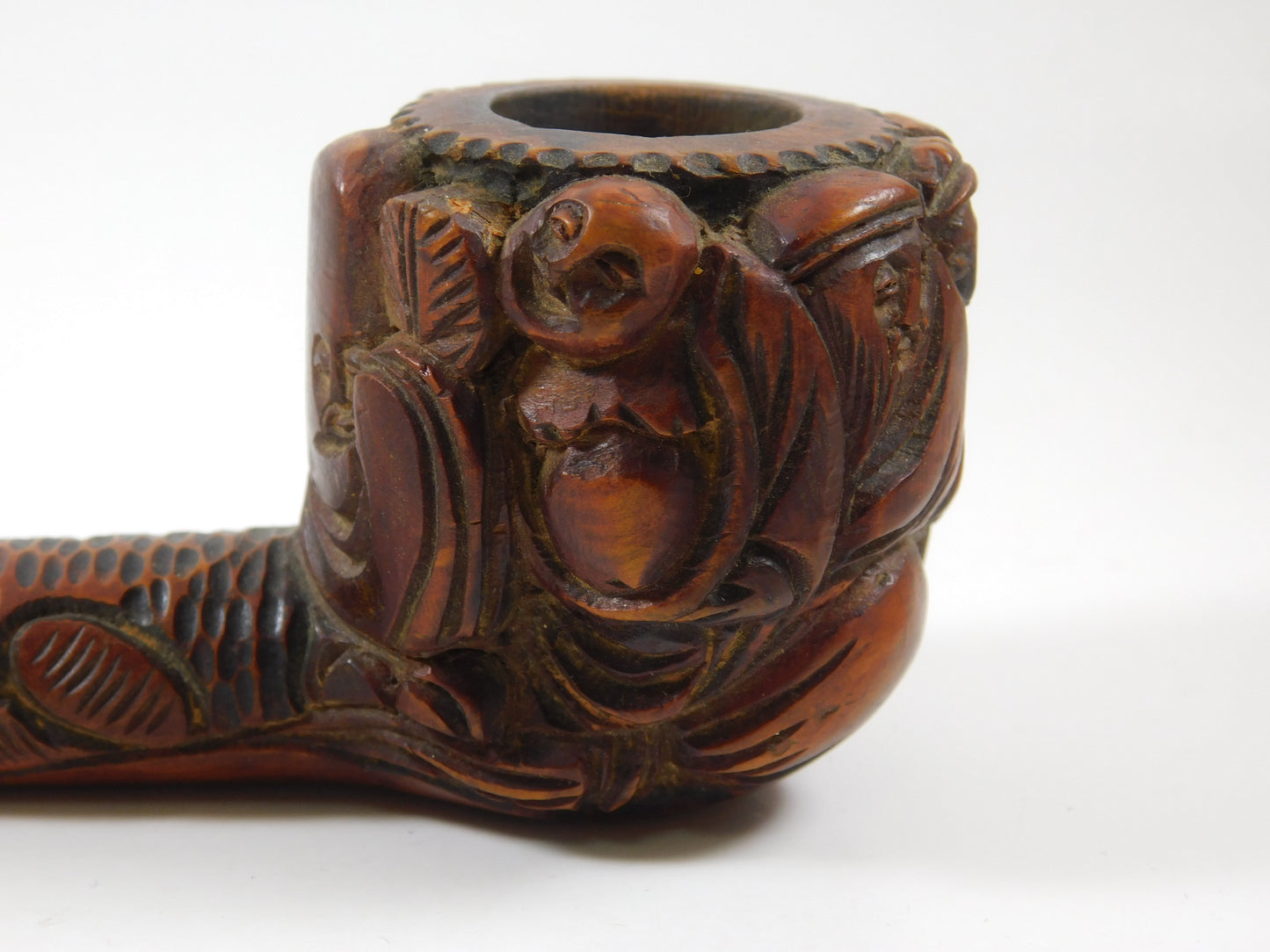 Vintage Hand Carved Wooden Tobacco Smoking Pipe with Faces