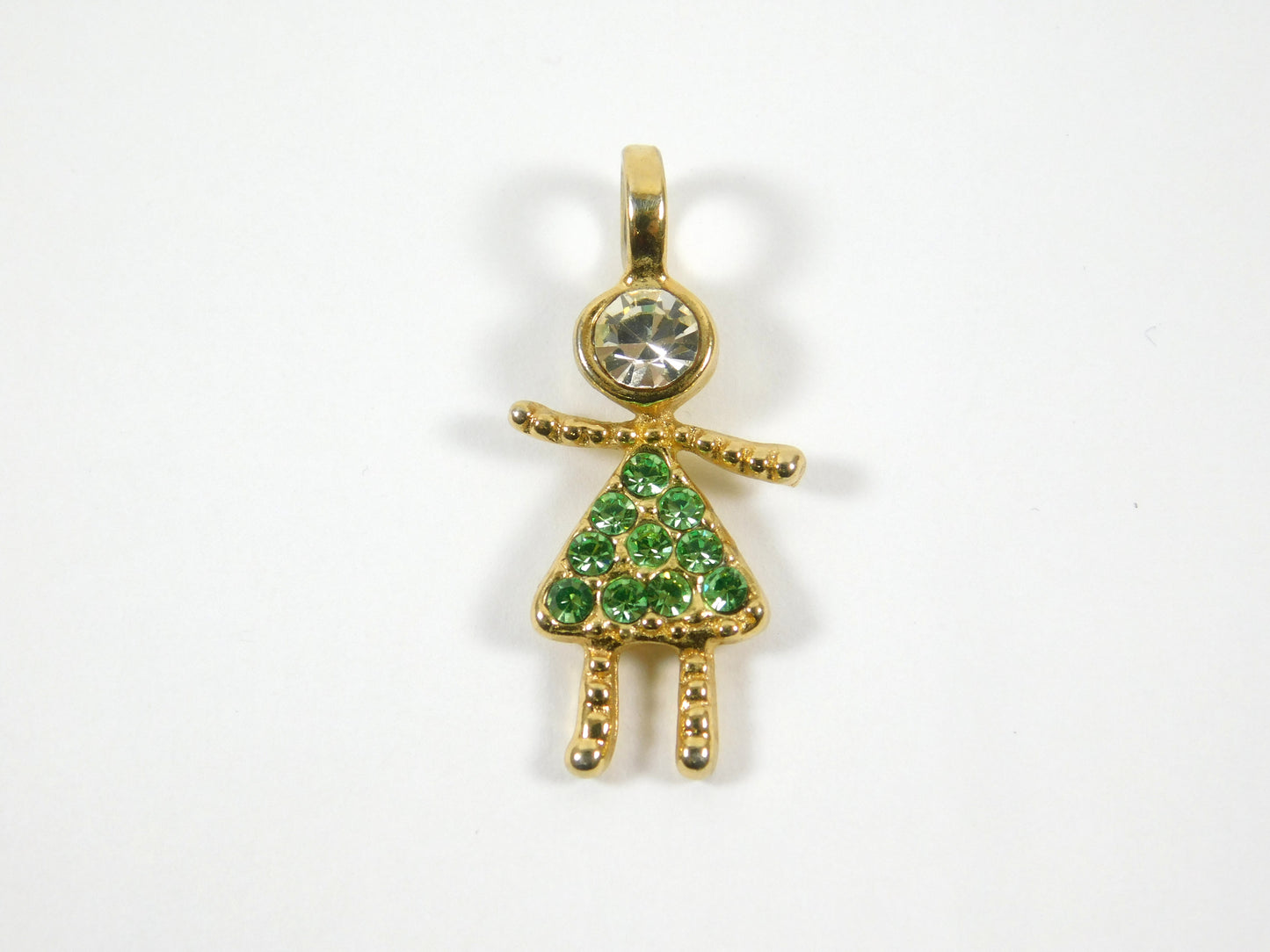 Gold Tone Little Girl Charm Pendant with Green Rhinestone Dress
