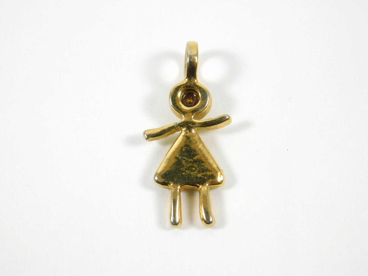 Gold Tone Little Girl Charm Pendant with Green Rhinestone Dress