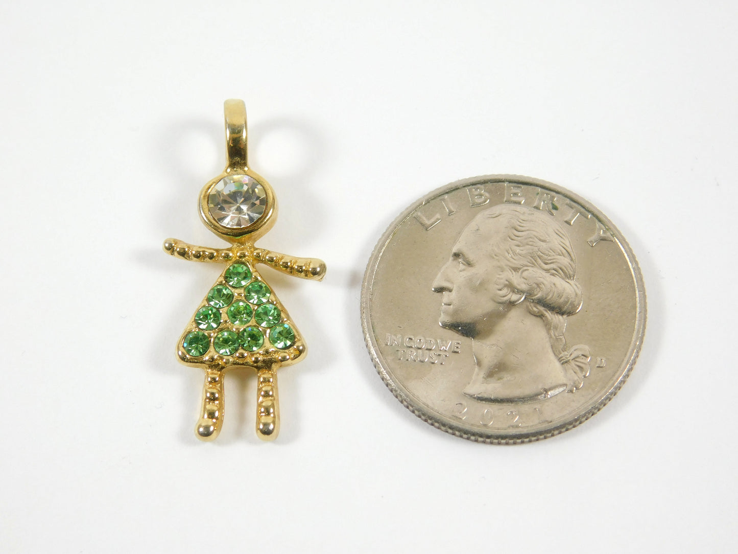 Gold Tone Little Girl Charm Pendant with Green Rhinestone Dress