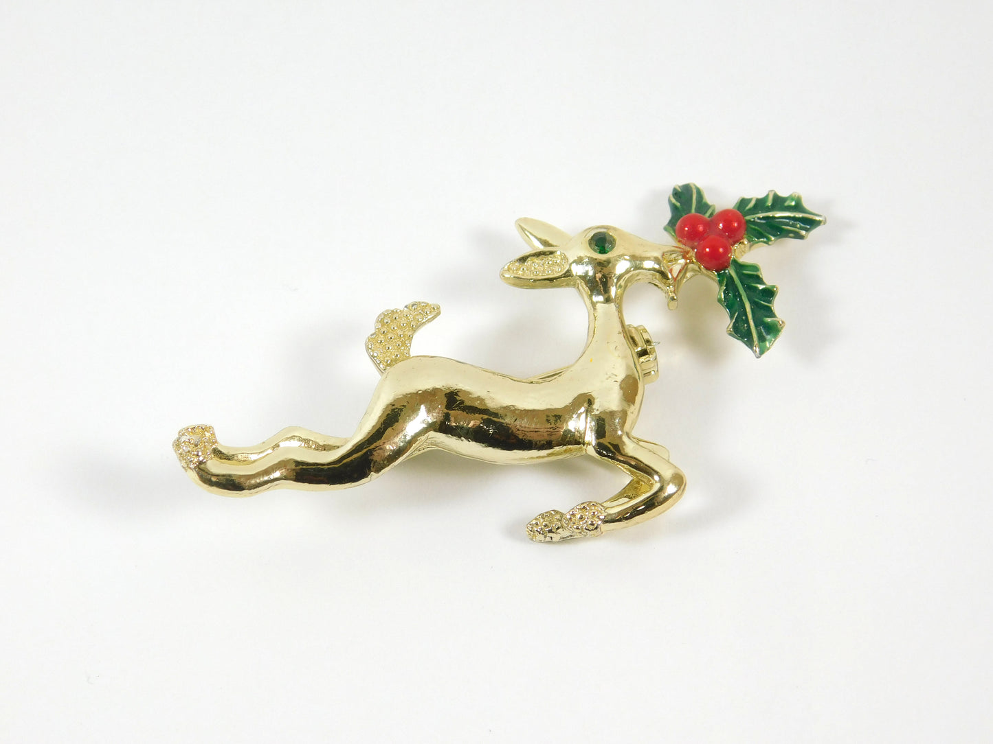 Gerry's Gold Tone Reindeer with Holly Christmas Brooch