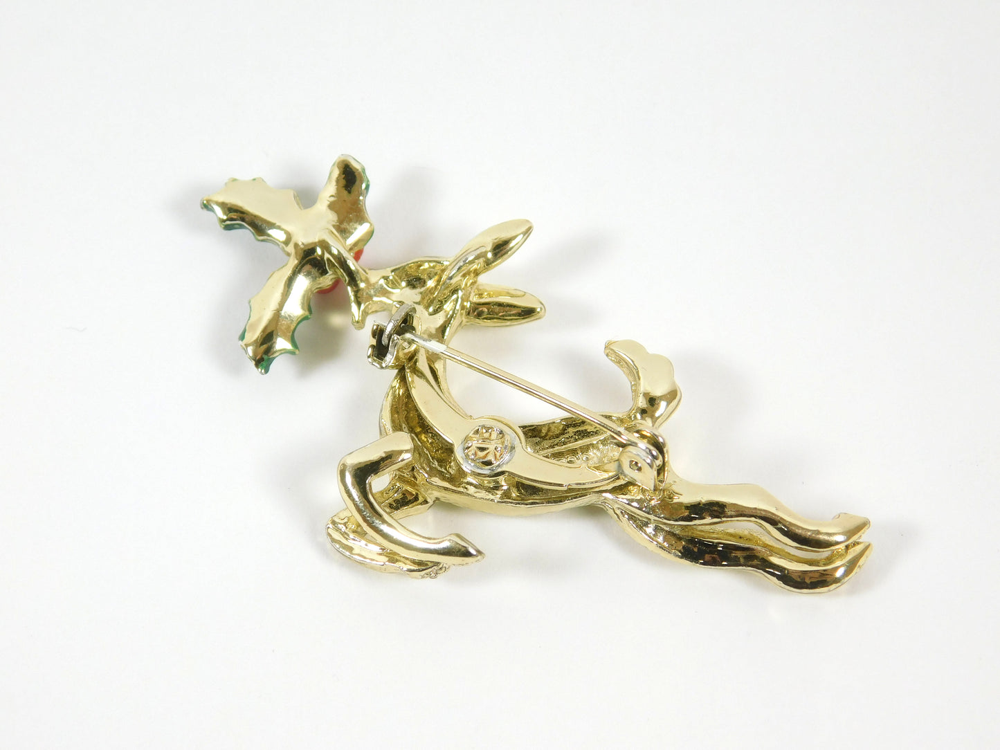 Gerry's Gold Tone Reindeer with Holly Christmas Brooch