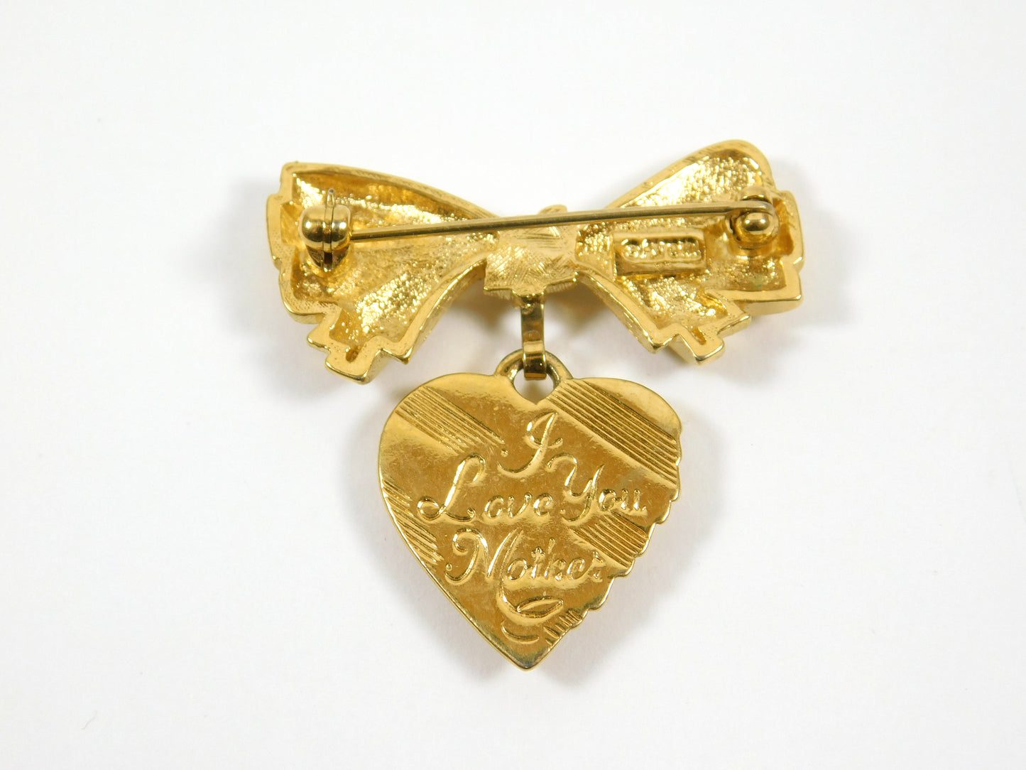 Vintage Avon Gold Tone "I Love You Mother" Ribbon Bow and Heart Lapel Pin Brooch