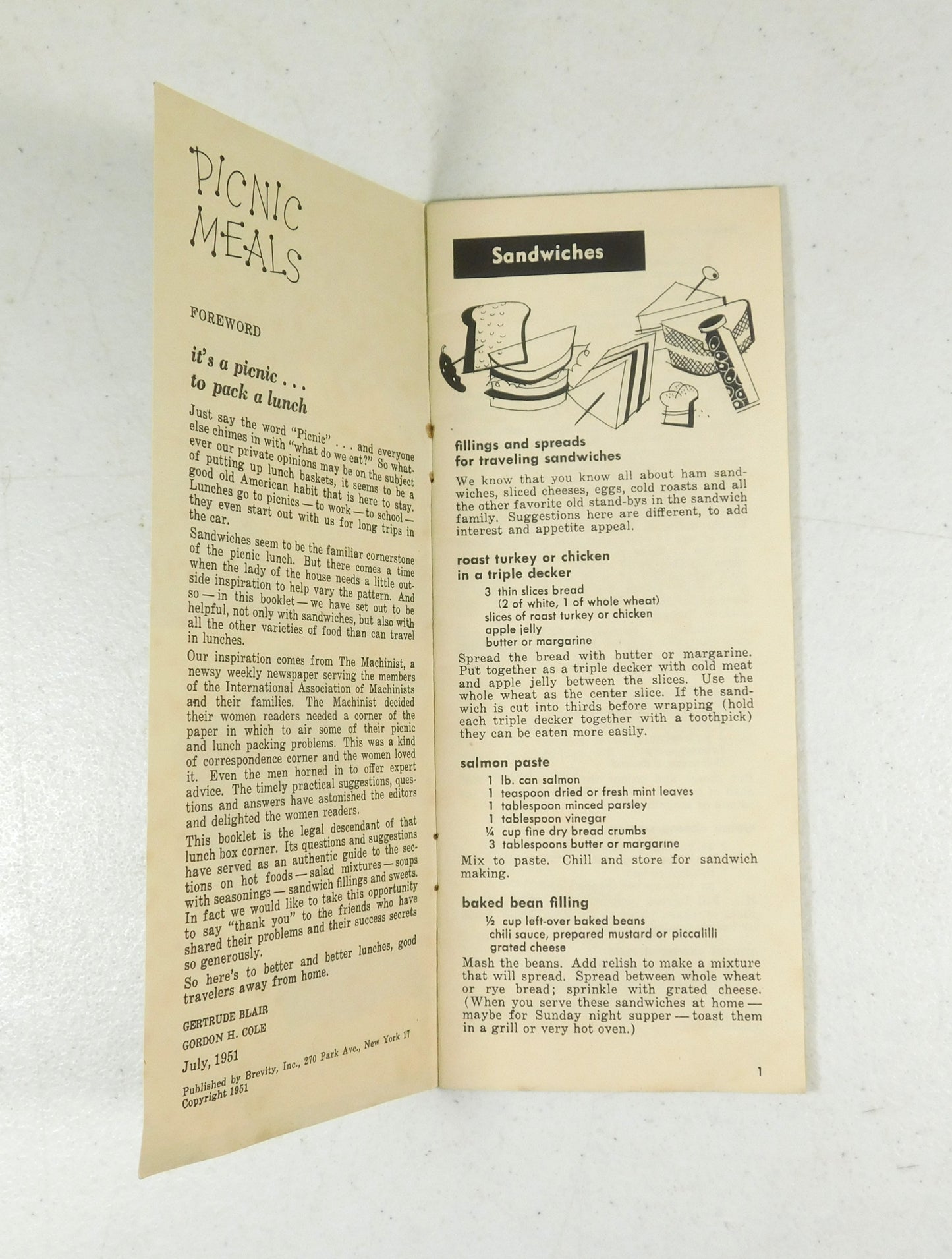 Vintage 1951 Picnic Meals Booklet by Gertrude Blair and Gordon H. Cole