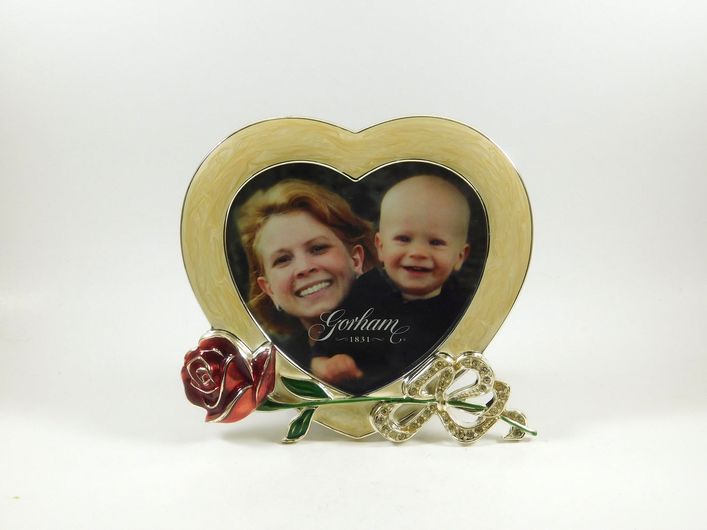 Gorham Picture Frame Heart Shape with Red Rose Flower Enamel Rhinestones