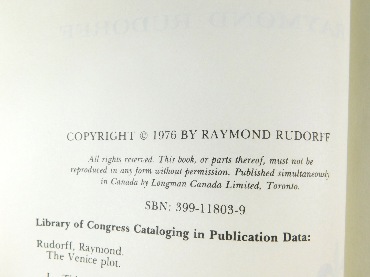 The Venice Plot by Raymond Rudorff (1976, Hardcover)