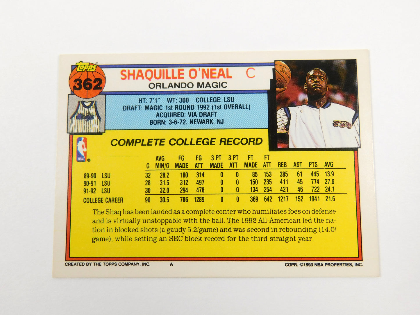 Shaquille O'Neal Topps #362 Basketball Card