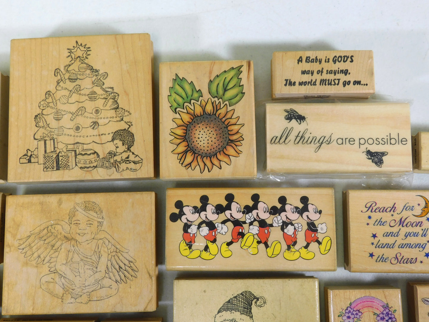 Lot of 26 Rubber Stamps, Flowers, Angels, Butterflies, Stars, Mickey Mouse