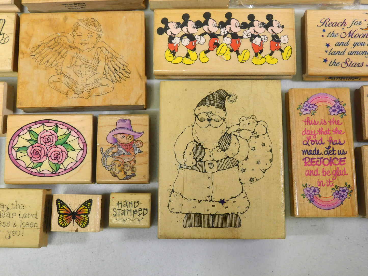Lot of 26 Rubber Stamps, Flowers, Angels, Butterflies, Stars, Mickey Mouse