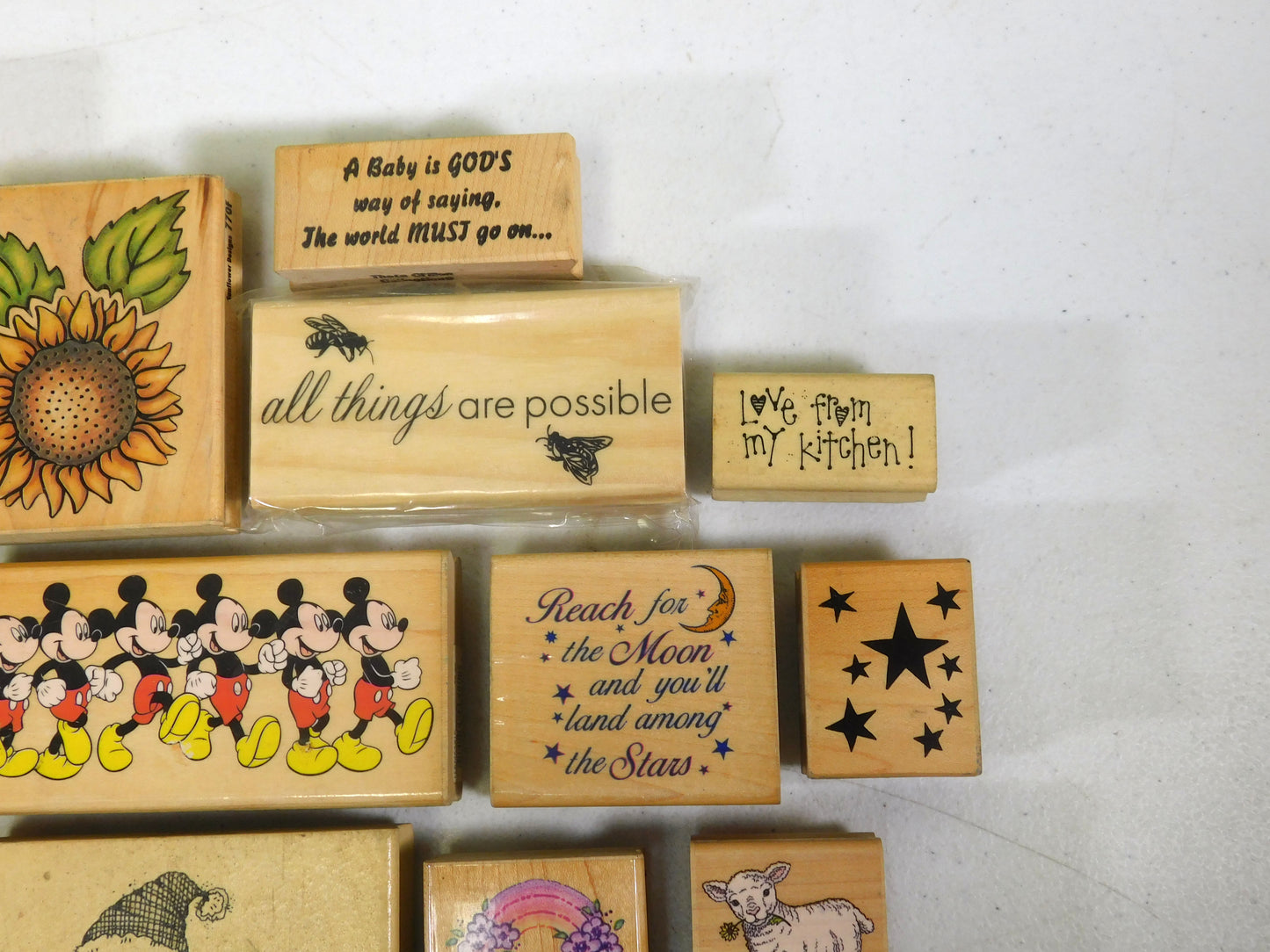Lot of 26 Rubber Stamps, Flowers, Angels, Butterflies, Stars, Mickey Mouse
