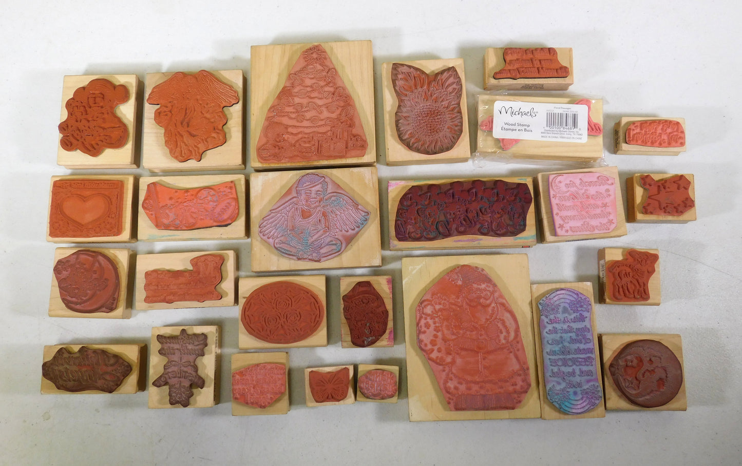 Lot of 26 Rubber Stamps, Flowers, Angels, Butterflies, Stars, Mickey Mouse