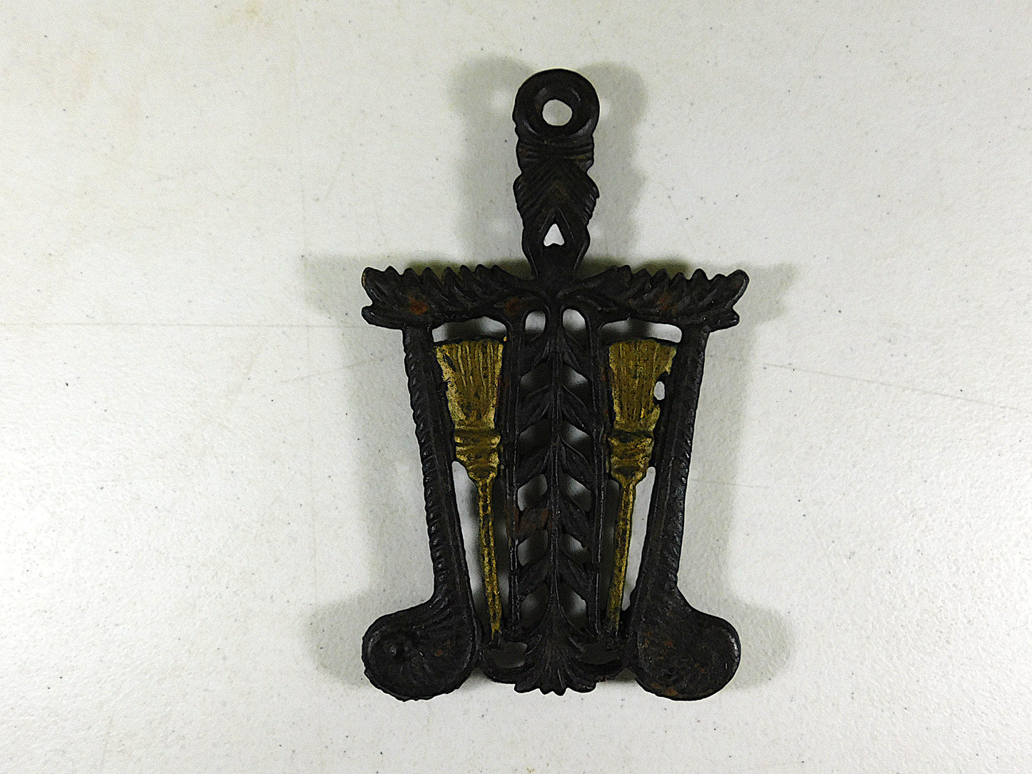 Four Vintage Cast Iron Metal Trivets - Fish, Spade, Pig, Brooms