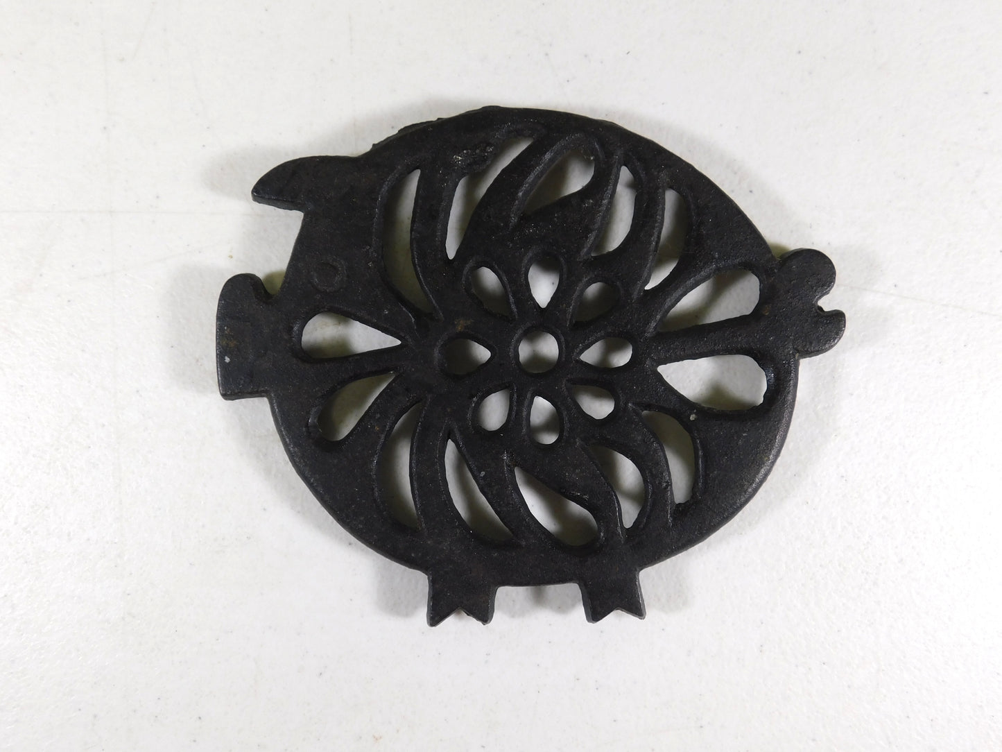 Four Vintage Cast Iron Metal Trivets - Fish, Spade, Pig, Brooms