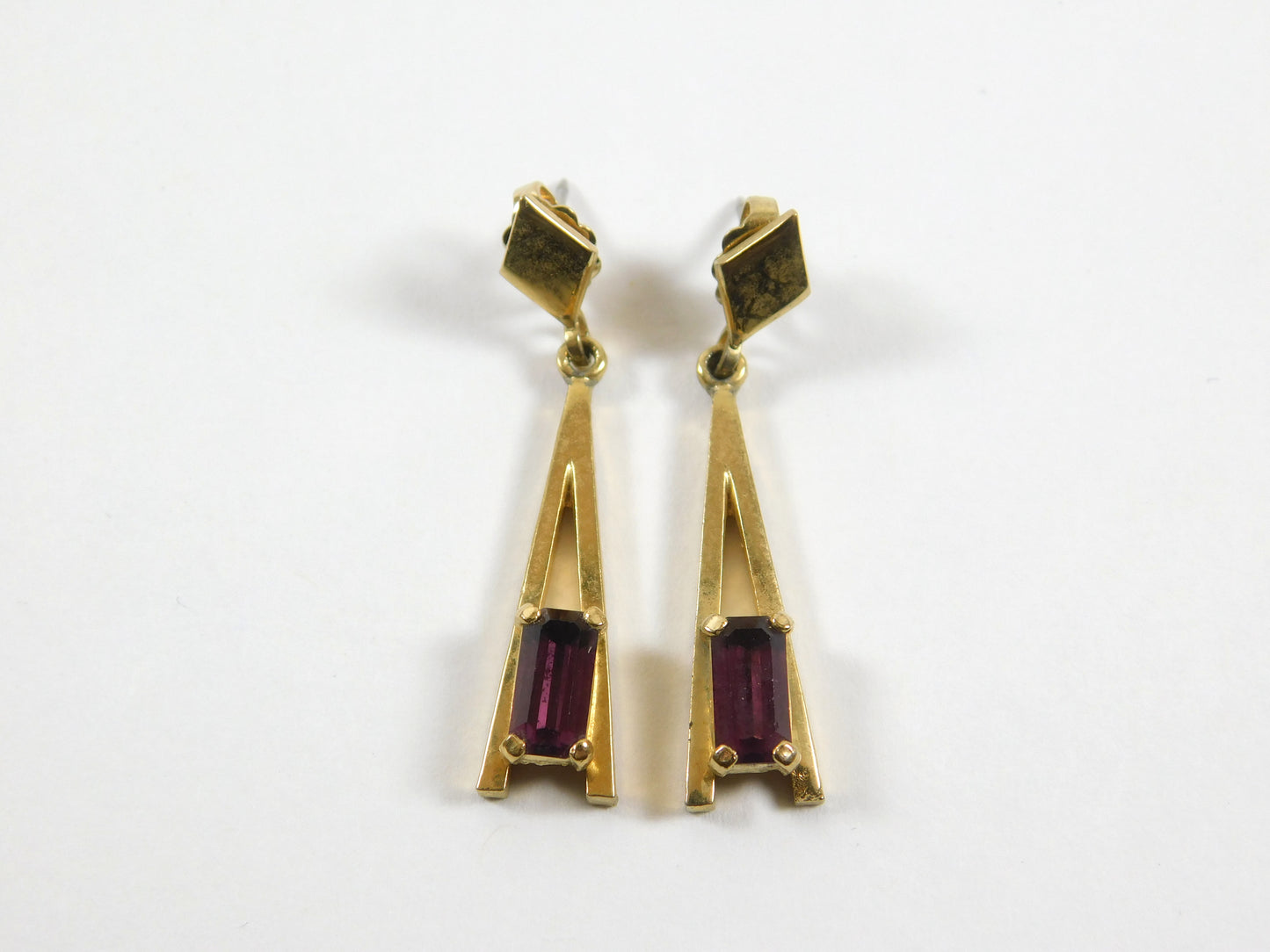 Vintage Avon Gold Tone "A" Shaped Earrings with Rectangular Purple Gems
