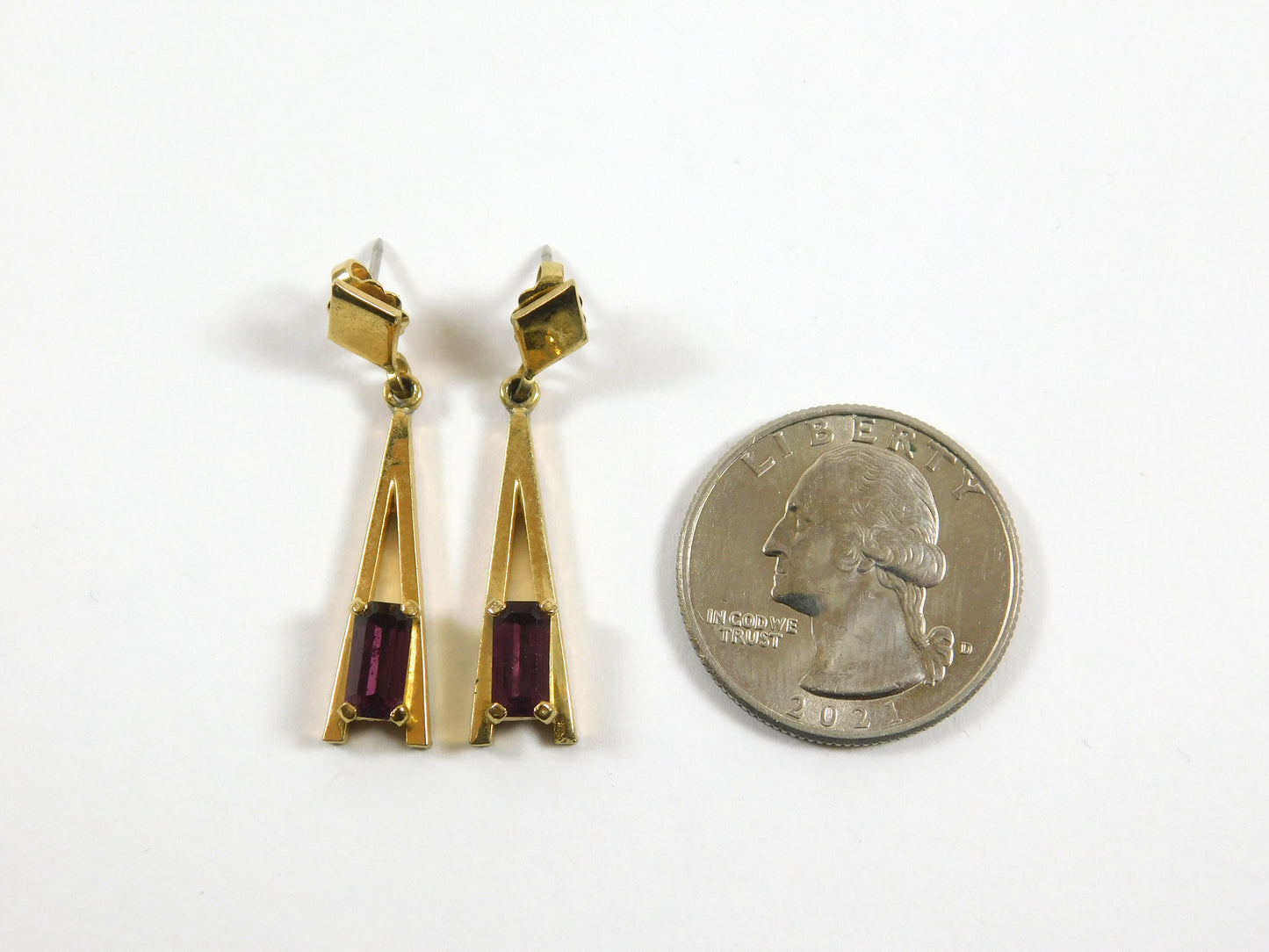 Vintage Avon Gold Tone "A" Shaped Earrings with Rectangular Purple Gems