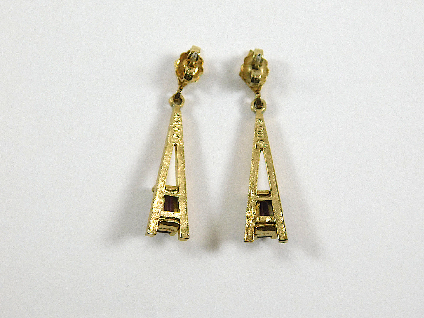 Vintage Avon Gold Tone "A" Shaped Earrings with Rectangular Purple Gems