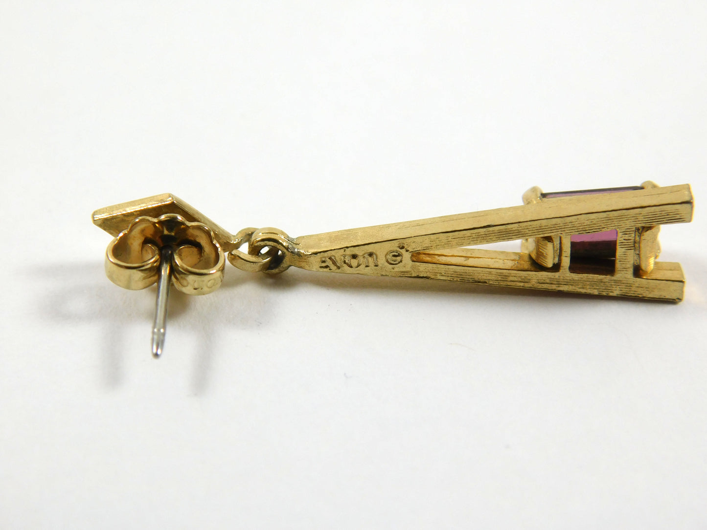 Vintage Avon Gold Tone "A" Shaped Earrings with Rectangular Purple Gems