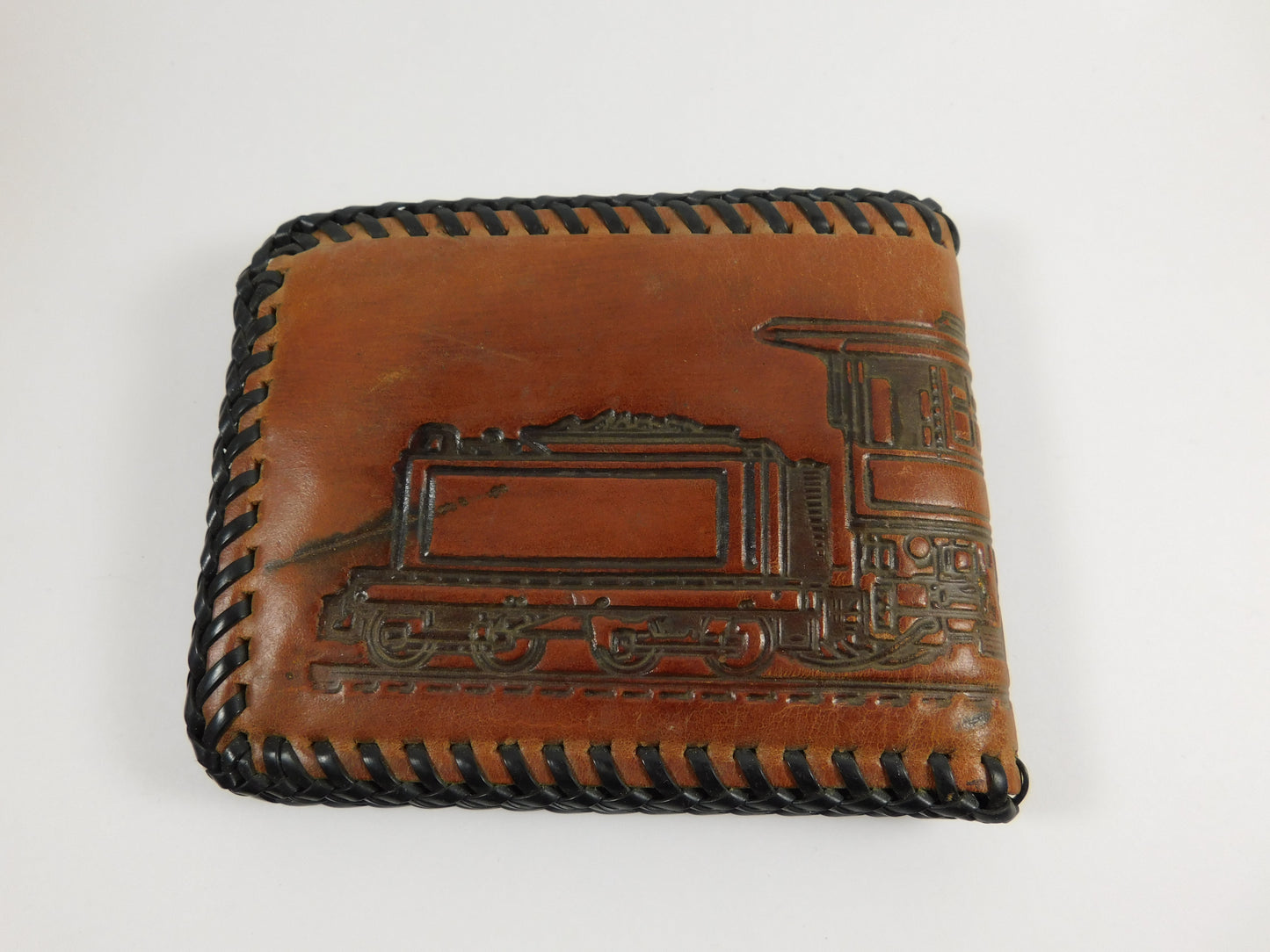 Vintage Leather Wallet Billfold with Train