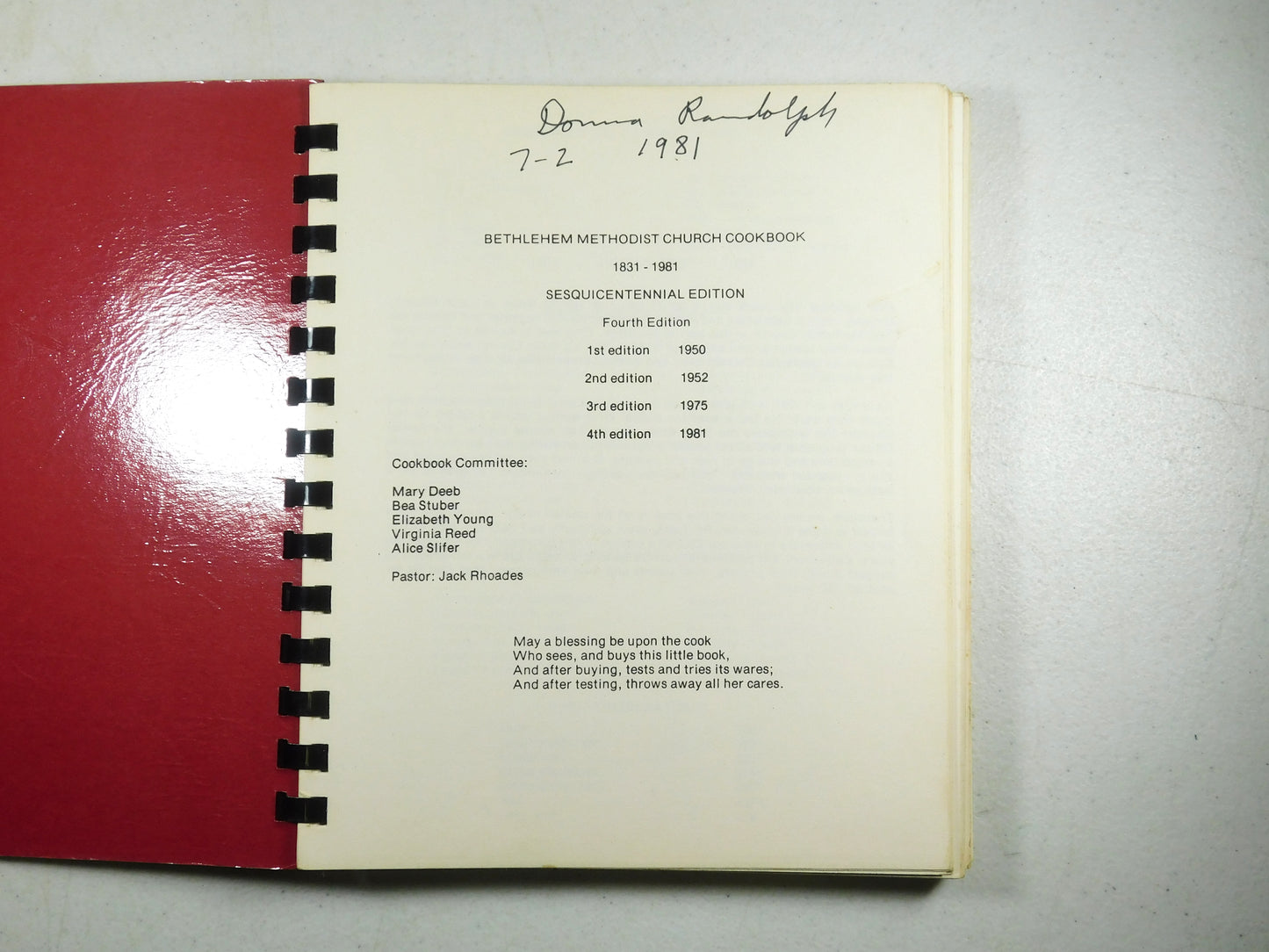 Vintage 1981 Bethlehem United Methodist Cookbook