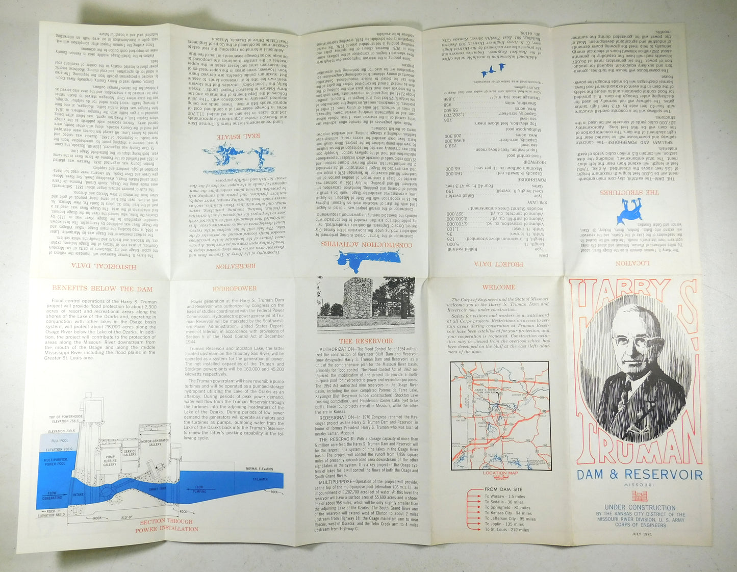 Harry S Truman Dam And Reservoir Paper Map/Brochure Vintage Dam Memorabilia 1971