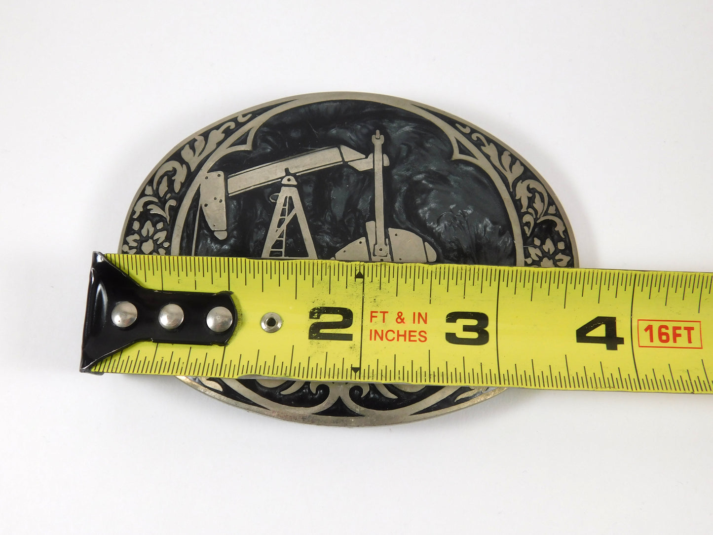 Vintage Award Design Meals ADM Silvertone Belt Buckle Oil Rig Pump