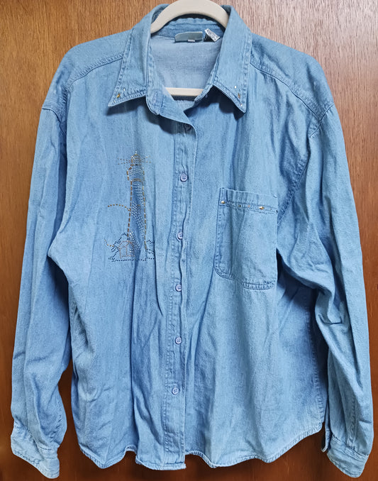 Las Olas Rhinestone Lighthouse Denim Button Up Shirt