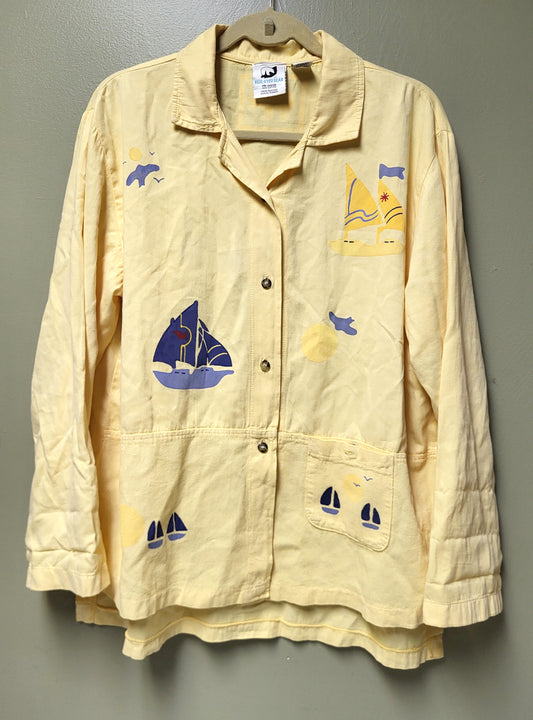 Vintage Yellow Blue-Eyed Bear Button Up Long Sleeve Shirt Size Large