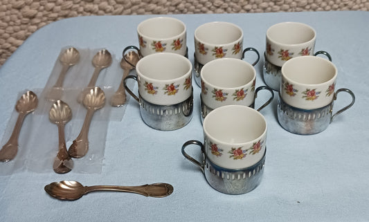 7 Veracruz Demitasse Expresso Cups with Bellini Silver Plate Holders and Spoons