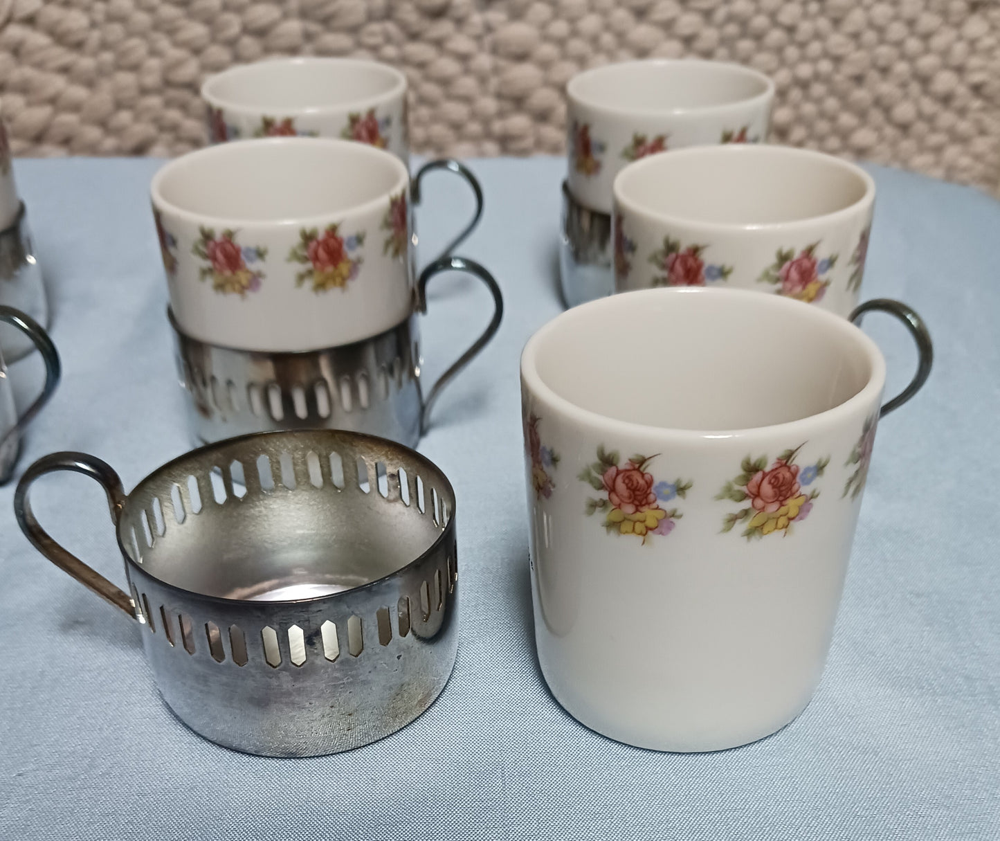 7 Veracruz Demitasse Expresso Cups with Bellini Silver Plate Holders and Spoons