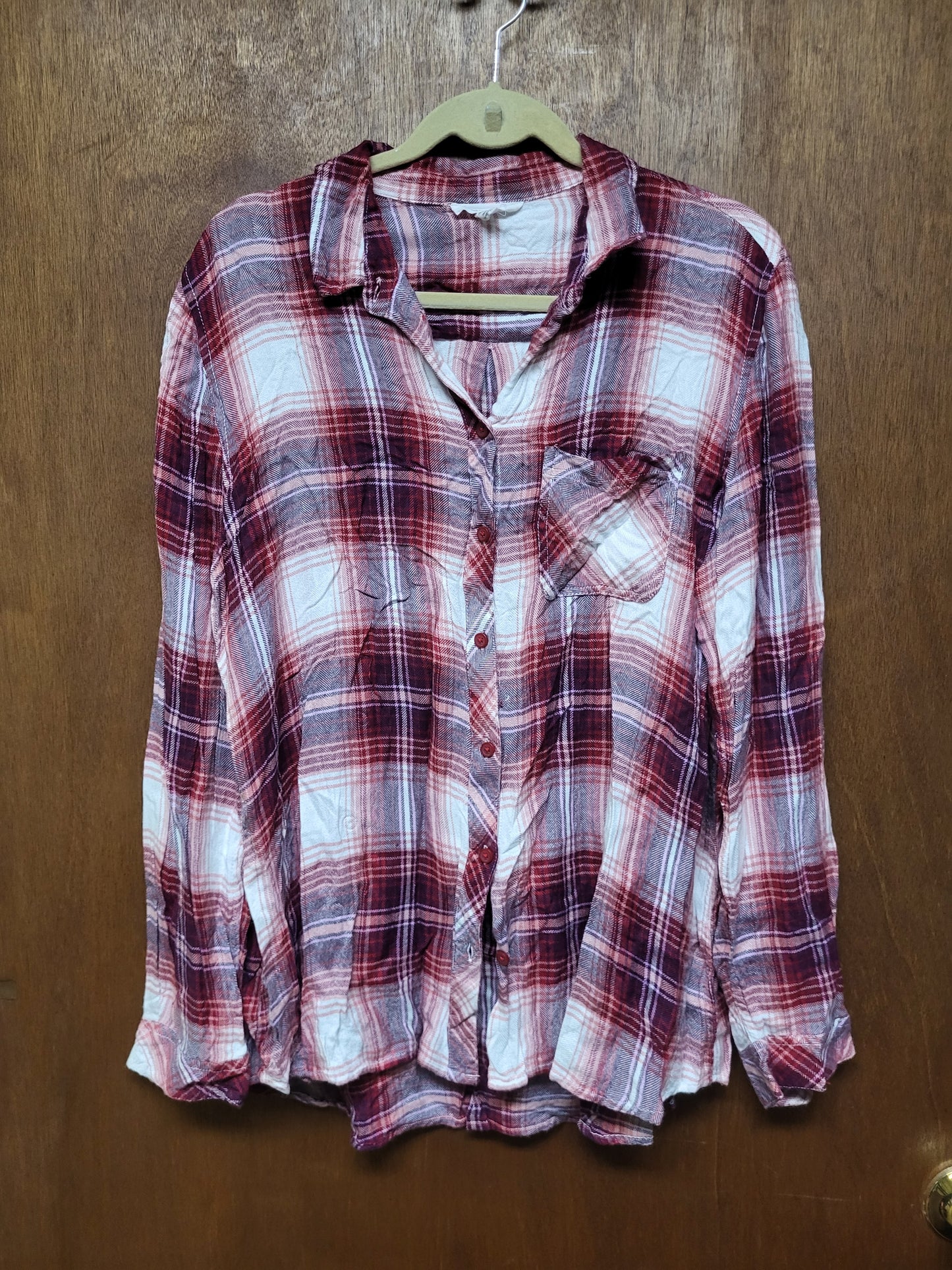 Beach Lunch Lounge Red and White Plaid Button Up Long Sleeve Shirt