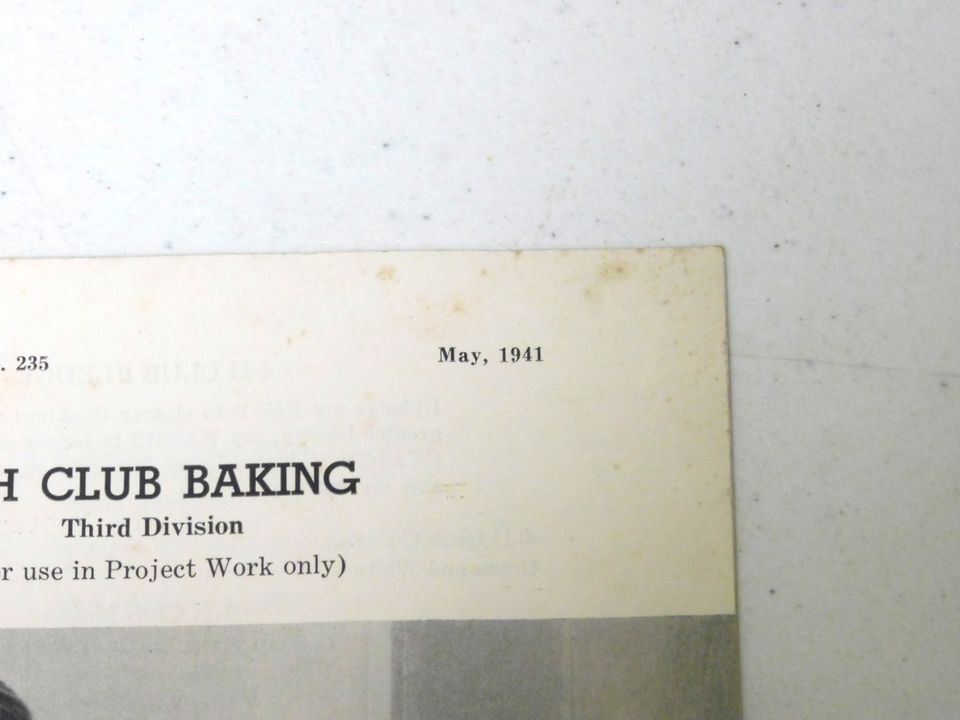 Vintage 1941 4-H Club Baking Third Division Cookbook