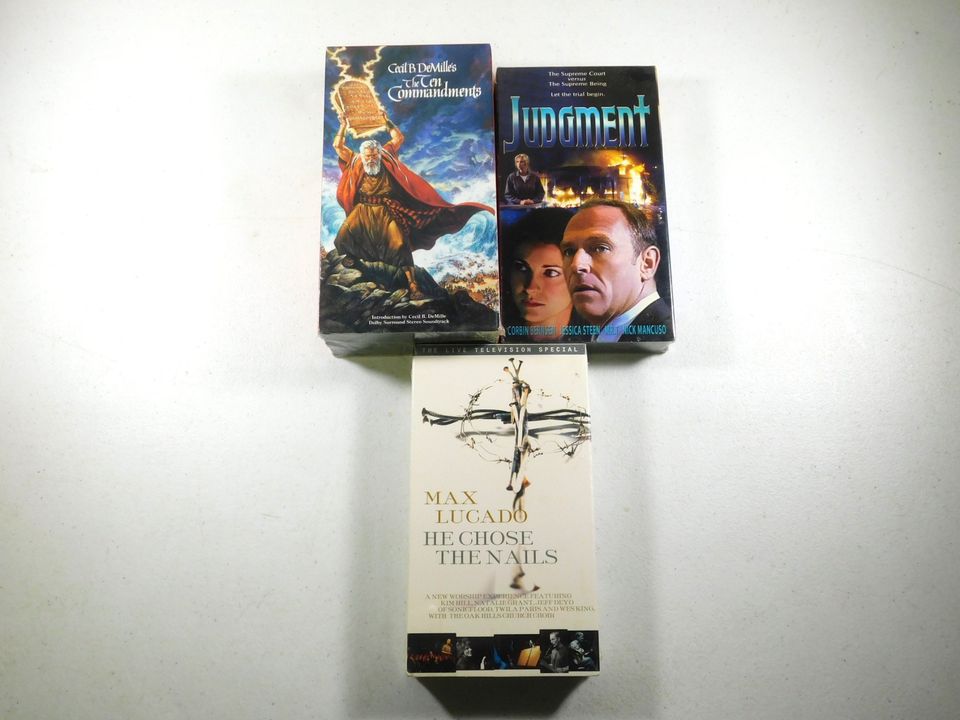 3 Christian VHS Movies Tapes The Ten Commandments, Judgment, He Chose the Nails