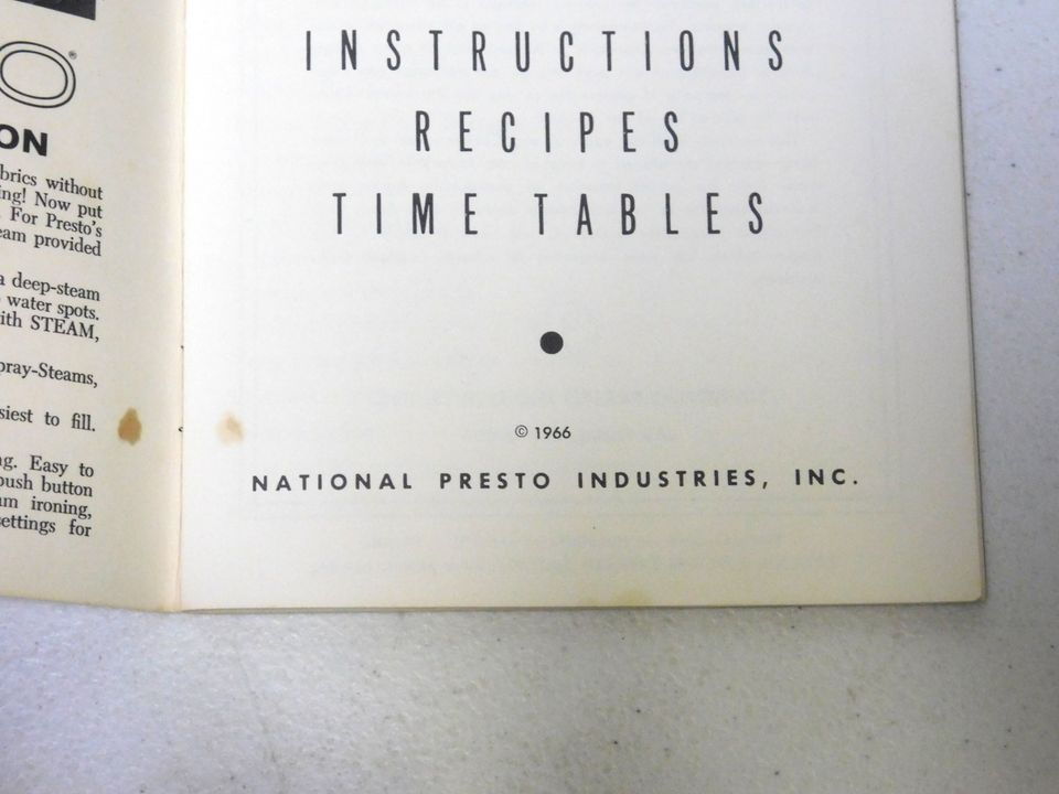 Vintage 1966 Presto Pressure Cooker Instructions and Cooking Time Tables Recipe Book