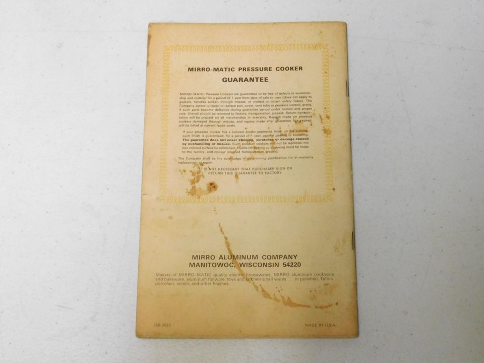 Vintage Mirro Matic Standard Model Speed Pressure Cooker Recipe Book