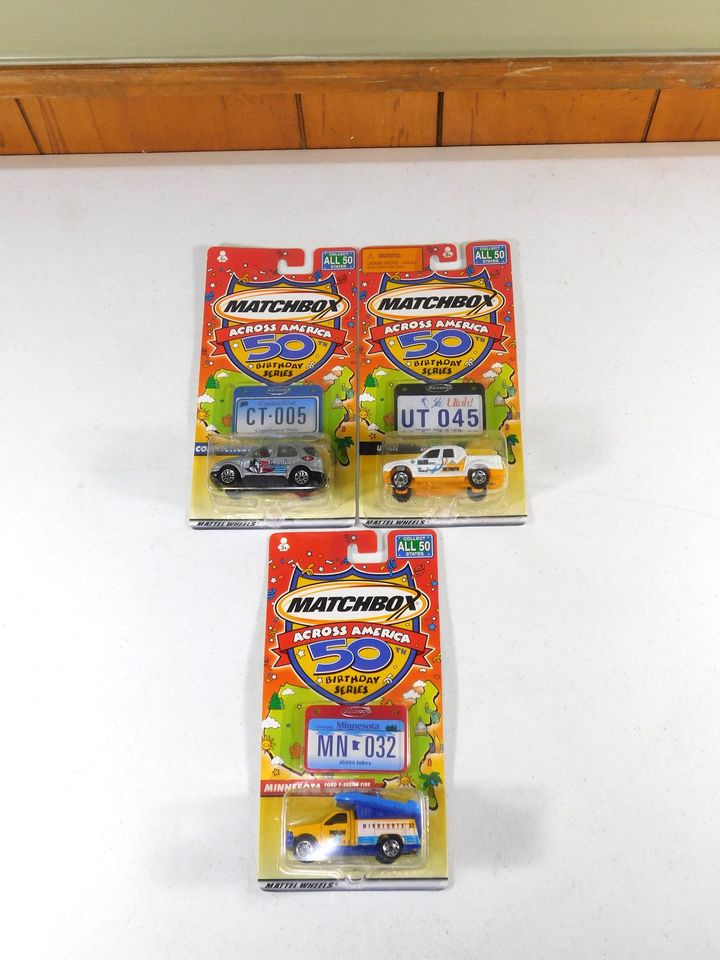 3 Matchbox Across America 50th Birthday Series Cars Connecticut, Utah, Minnesota