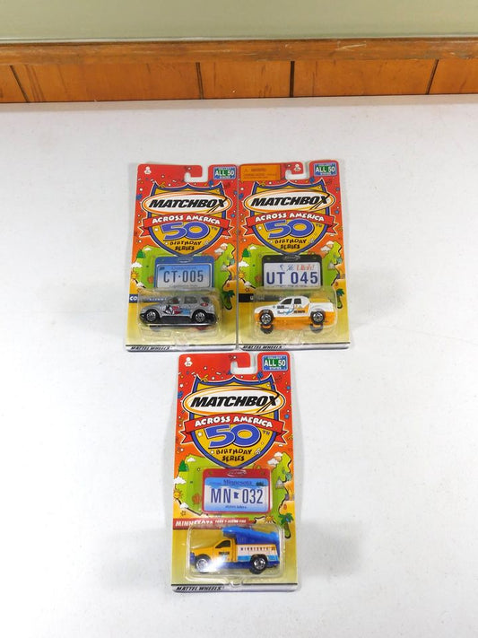 3 Matchbox Across America 50th Birthday Series Cars Connecticut, Utah, Minnesota