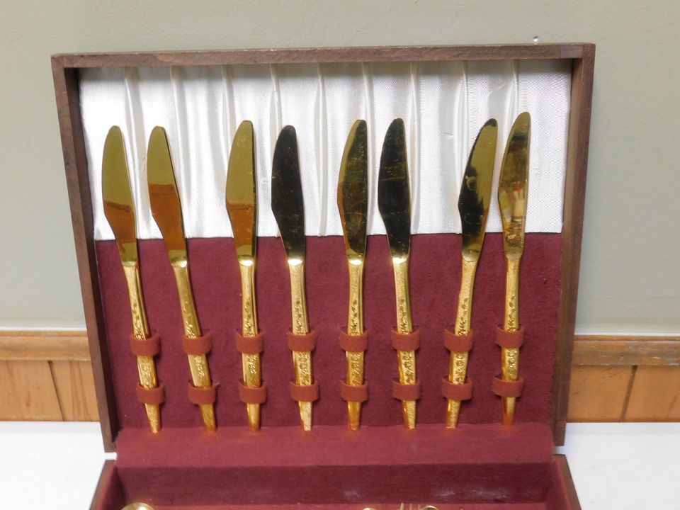 Vintage (1970-1979) shops 77 Piece J&H Golden Bouquet 24 Kt Gold Electroplate Flatware