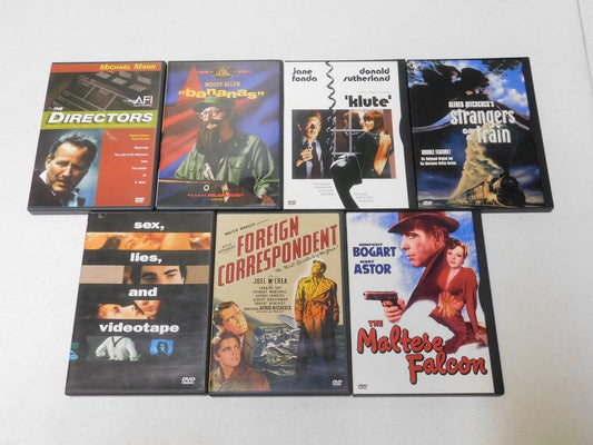 7 DVD Movies Bananas, Klute, Strangers on a Train, Sex Lies and Videotape, Foreign Correspondent