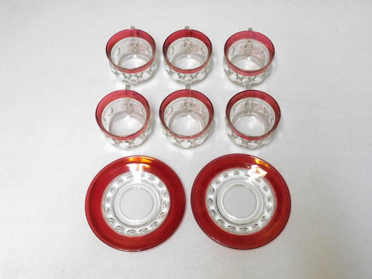 Vintage Set of Kings Crown Thumbprint Ruby Flashing Cups and Saucers