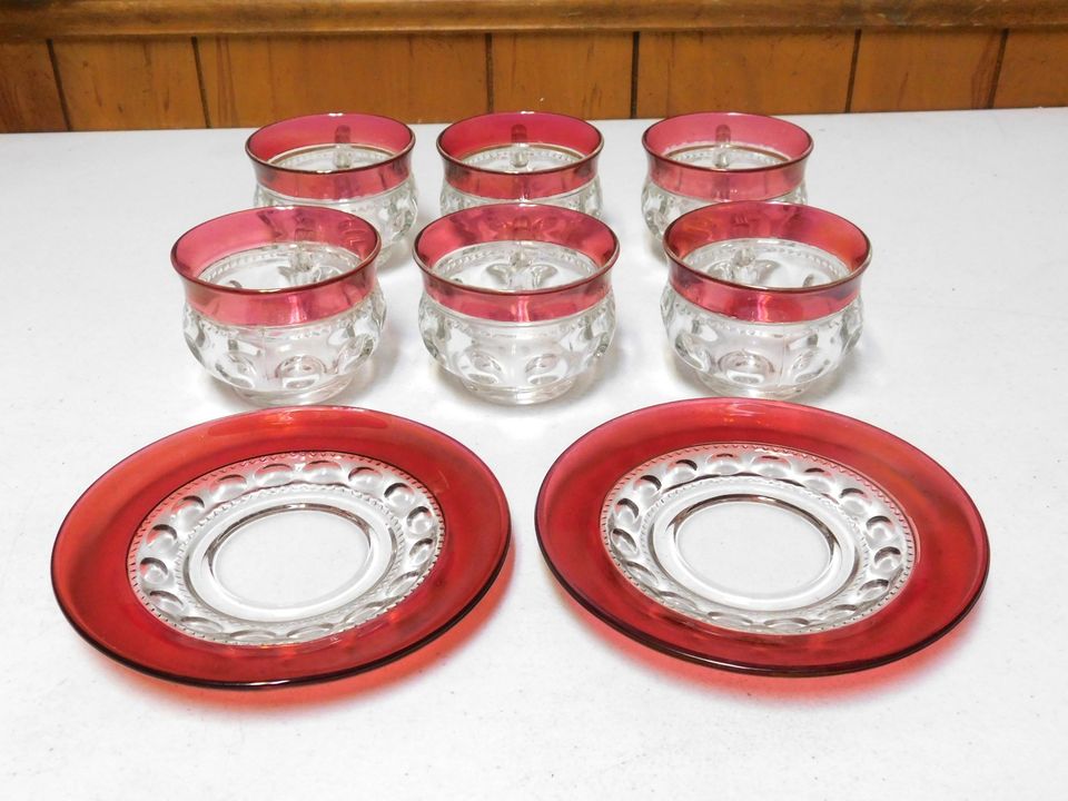 Vintage Set of Kings Crown Thumbprint Ruby Flashing Cups and Saucers