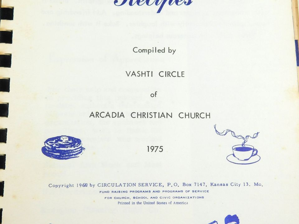 1975 A Book of Favorite Recipes Compiled by Vashti Circle of Arcadia Christian Church Cook Book