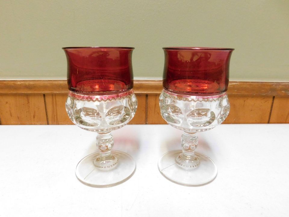 Set of 4 Vintage Kings Crown Thumbprint Ruby Flashing Goblets Two 6” and Two 4/12”