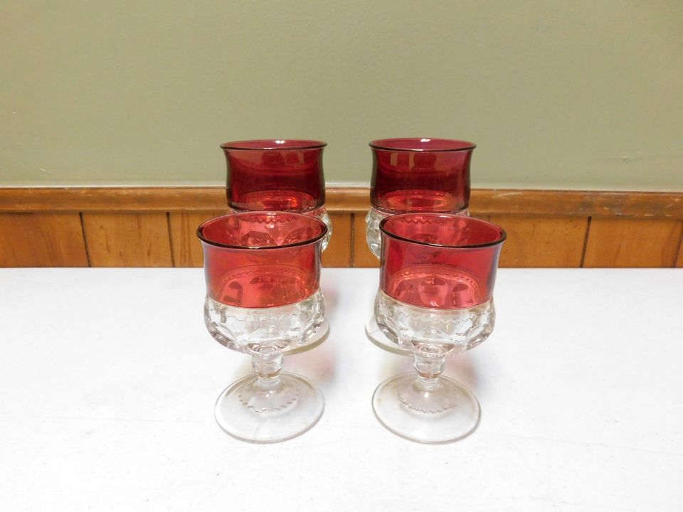 Set of 4 Vintage Kings Crown Thumbprint Ruby Flashing Goblets Two 6” and Two 4/12”