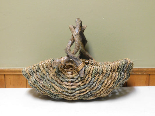 Vintage Woven Basket with Branch Handle